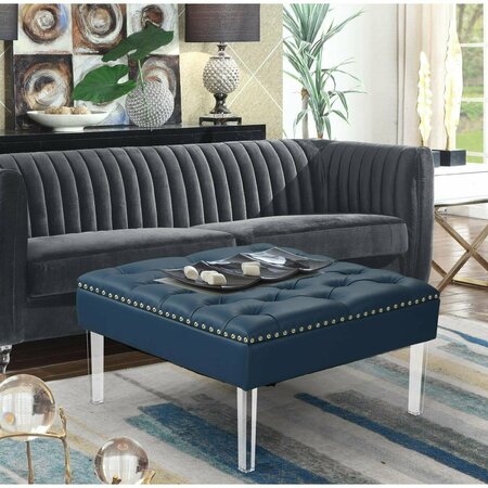 FIXTURESFIRST Remi Square Ottoman Center Table Tufted PU Leather Upholstered Acrylic Legs Modern Navy FI2824377